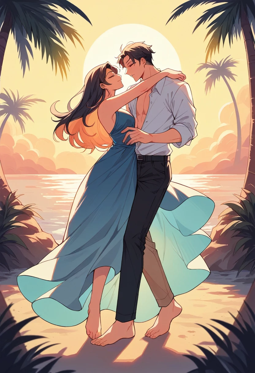First Image: A romantic beach scene featuring a young couple dancing at sunset. The man, dressed in a casual, modern style with a buttoned shirt and black pants, dances barefoot with a woman wearing an elegant, flowing dress that transitions from dark to light shades, embodying a peach sunset. The setting includes a palm tree, the setting sun, and seagulls, capturing a tropical and serene atmosphere.
