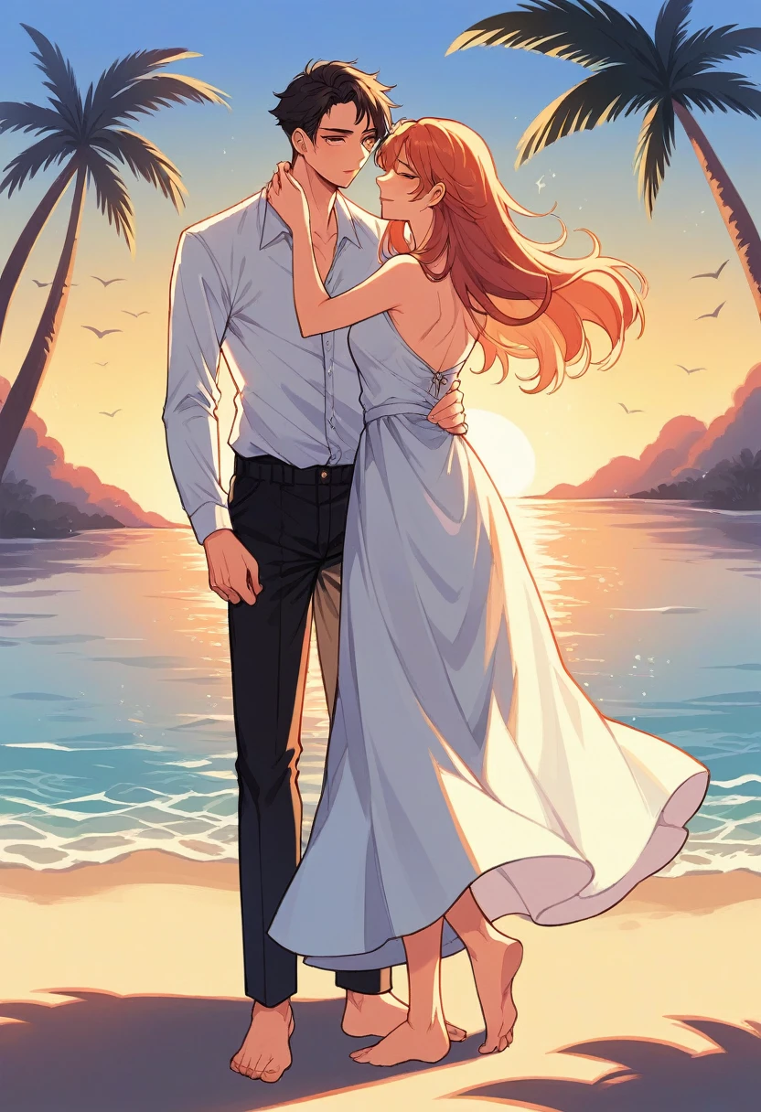 First Image: A romantic beach scene featuring a young couple dancing at sunset. The man, dressed in a casual, modern style with a buttoned shirt and black pants, dances barefoot with a woman wearing an elegant, flowing dress that transitions from dark to light shades, embodying a peach sunset. The setting includes a palm tree, the setting sun, and seagulls, capturing a tropical and serene atmosphere.