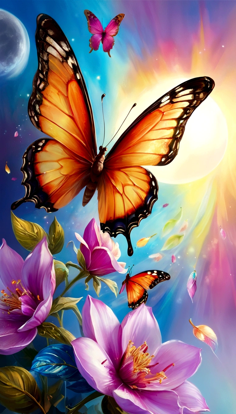 moon light,the arrival of spring, various beautiful flower
, Beautiful Rainbow-colored feathers swallowtail butterfly,angles looking up from below, various jewels falling from the sky, wonderful and beautiful superb view, slightly hazy, fantastic, high resolution, 8K, (best quality, highres, realistic:1.37), shiny metallic flowers, intricate and delicate petals, reflective surfaces, vibrant colors, intricate details, close-up view, surreal garden, surreal beauty, dreamy atmosphere, fine art, abstract botanicals, metallic sculpture, contrasting textures, ethereal glow