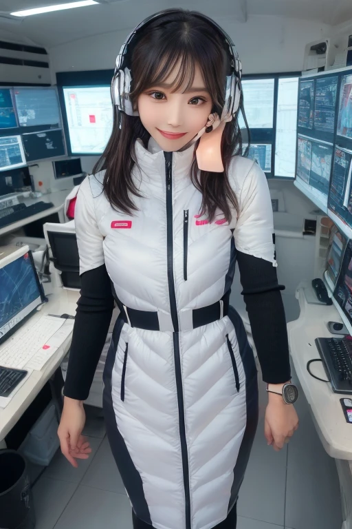 masterpiece, Highest quality, Very detailed, 8K Portrait,Japanese Android Girl,plump , Control panel,Robotic arms and legs, Blunt bangs,,break (Metallic Gray, Metallic luster, Mirror finish, Astro Best):5,headphone:5,break (Black sleeves):100,Smart Watches,Futuristic space station,Control Room,break headphone,blue eyes,(Black Hair):2,(Long Hair):1.3,Displaying the viewer,(respirator),break blush:3,Hidden Hand,smile