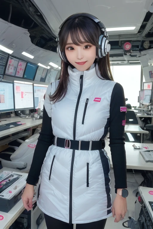 masterpiece, Highest quality, Very detailed, 8K Portrait,Japanese Android Girl,plump , Control panel,Robotic arms and legs, Blunt bangs,,break (Metallic Gray, Metallic luster, Mirror finish, Astro Best):5,headphone:5,break (Black sleeves):100,Smart Watches,Futuristic space station,Control Room,break headphone,blue eyes,(Black Hair):2,(Long Hair):1.3,Displaying the viewer,(respirator),break blush:3,Hidden Hand,smile