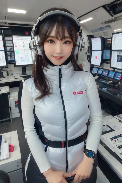 masterpiece, Highest quality, Very detailed, 8K Portrait,Japanese Android Girl,plump , Control panel,Robotic arms and legs, Blunt bangs,,break (Metallic Gray, Metallic luster, Mirror finish, Astro Best):5,headphone:5,break (Black sleeves):100,Smart Watches,Futuristic space station,Control Room,break headphone,blue eyes,(Black Hair):2,(Long Hair):1.3,Displaying the viewer,(respirator),break blush:3,Hidden Hand,smile