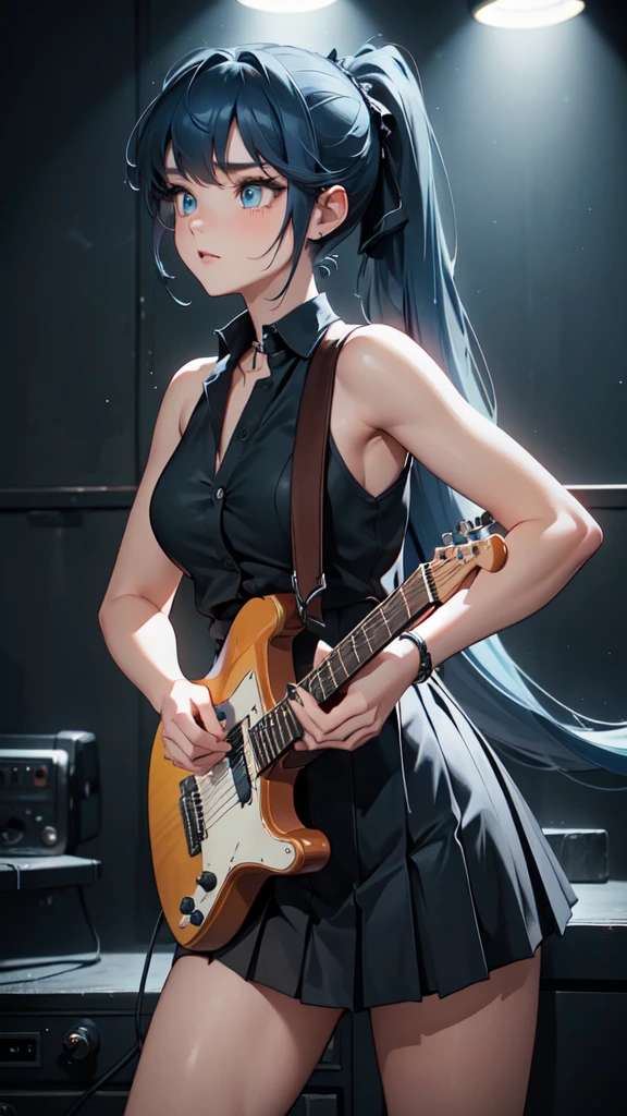 A masterpiece of a young woman, showcasing her unique style and musical talents. In the dimly lit interior, with soft blue accents on the walls, she stands confidently with one leg slightly raised, her electric guitar slung over her shoulder. Her striking features include piercing blue eyes, a double ponytail adorned with teal hair extensions, and a pleated skirt that flows like a dark waterfall down her legs. A black shirt accentuates her toned physique, while headphones wrap around her neck, a symbol of her passion for music. As she plays the guitar, her long hair cascades down her back, a mesmerizing sight as she sings with conviction, the spotlight on her face illuminating her radiant beauty.