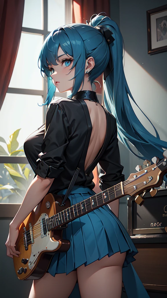 A masterpiece of a young woman, showcasing her unique style and musical talents. In the dimly lit interior, with soft blue accents on the walls, she stands confidently with one leg slightly raised, her electric guitar slung over her shoulder. Her striking features include piercing blue eyes, a double ponytail adorned with teal hair extensions, and a pleated skirt that flows like a dark waterfall down her legs. A black shirt accentuates her toned physique, while headphones wrap around her neck, a symbol of her passion for music. As she plays the guitar, her long hair cascades down her back, a mesmerizing sight as she sings with conviction, the spotlight on her face illuminating her radiant beauty.
