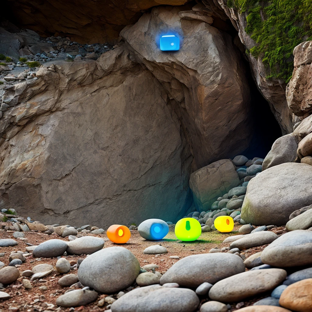 Load, glowing stones on the body, horror, scary, dark, In a cave