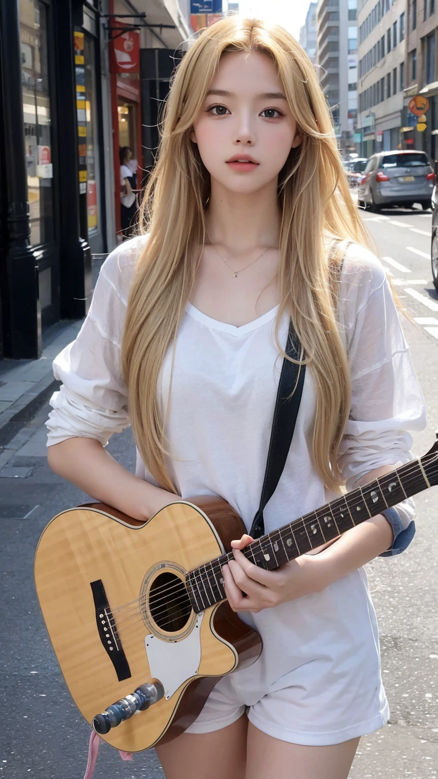 "Create a high-resolution image of a teenage British girl with long blonde hair, holding a guitar in a city street."