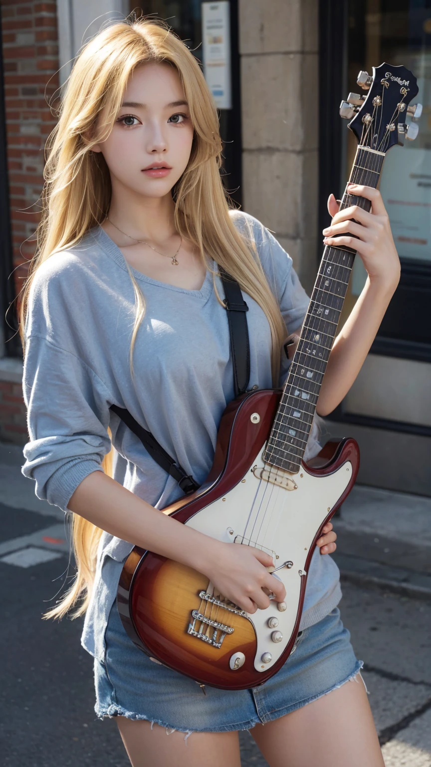 "Create a high-resolution image of a age British girl with long blonde hair, holding a guitar in a city street."