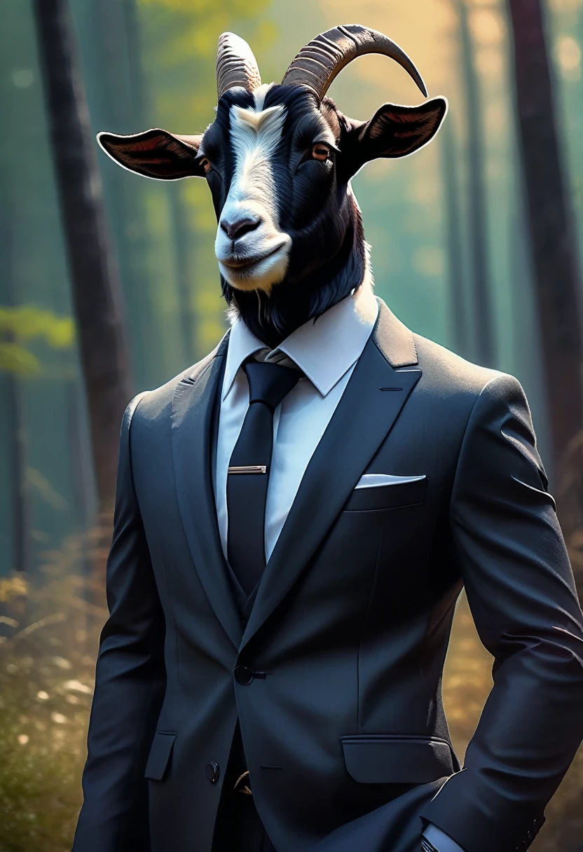 a goat in a black suit, wearing agent sunglasses,gentleman goat,furry art,oc character,drawing style,looking at landscape,forest background,high quality,detailed,cinematic lighting,cold color tones, professional artwork, masterpiece