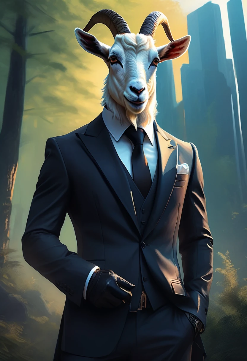 a goat in a black suit, wearing agent sunglasses,gentleman goat,furry art,oc character,drawing style,looking at landscape,forest background,high quality,detailed,cinematic lighting,cold color tones, professional artwork, masterpiece