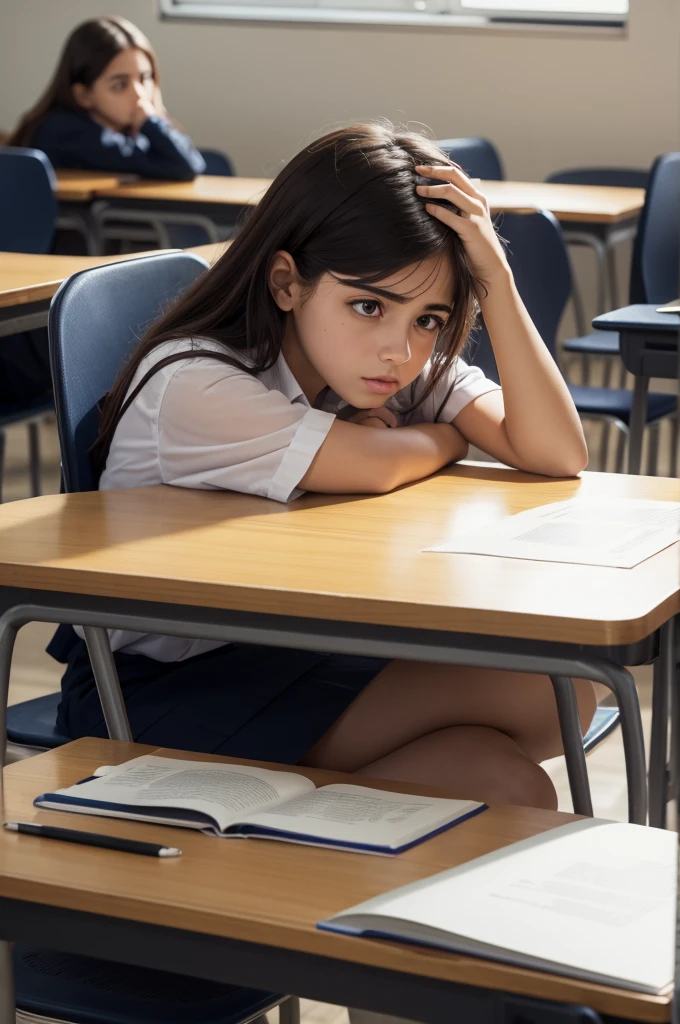 Crie um estudante sentado em uma mesa escolar