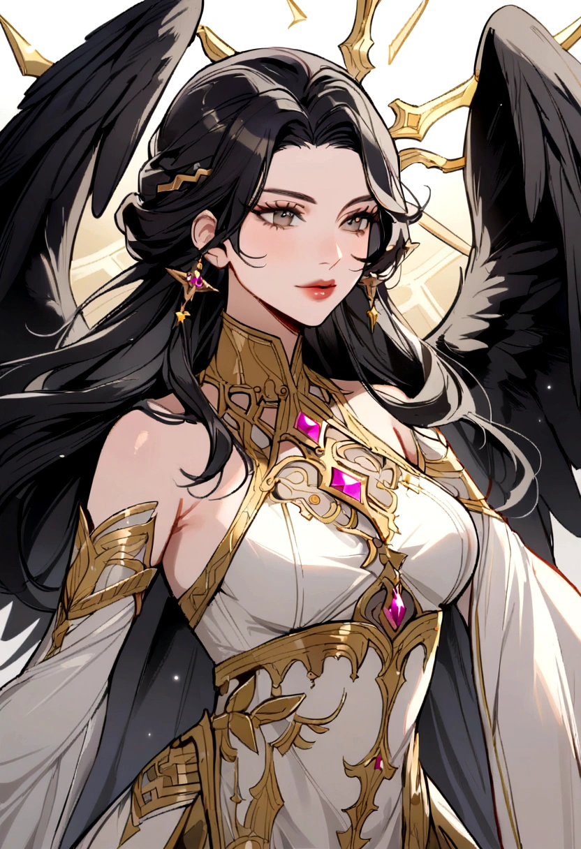 Woman Aasimar, black wings, beatifull, female, black hair, old