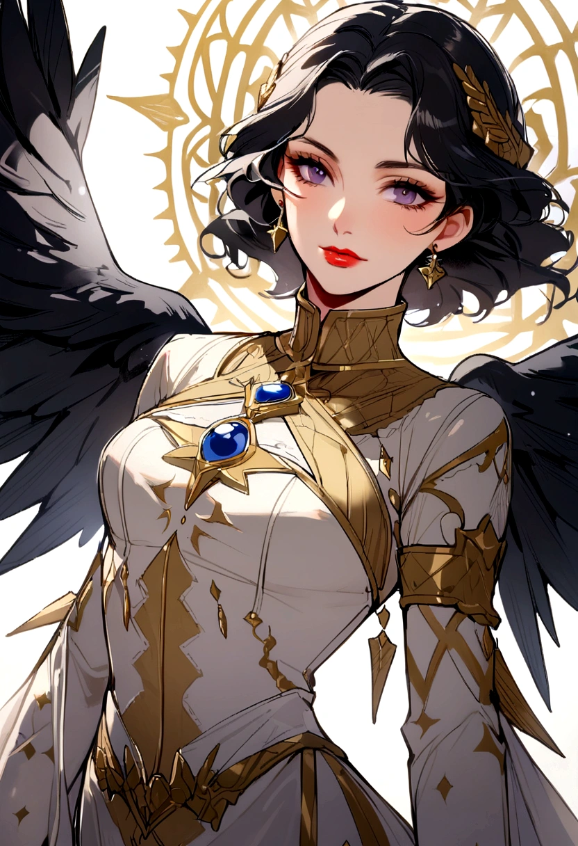 Woman Aasimar, black wings, beatifull, female, black hair, old