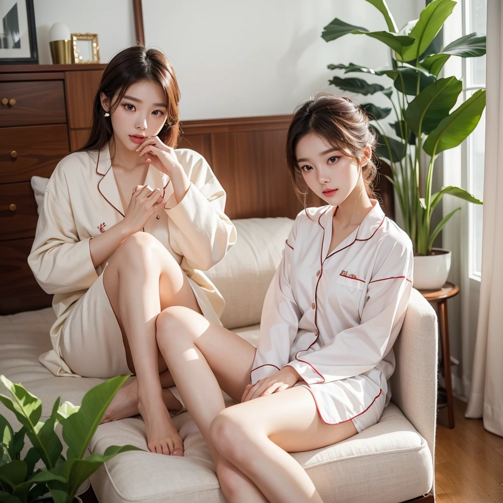 Woman sitting on a chair with a plant in a vase, cute and elegant pose, beautiful young Korean woman, Korean woman, gorgeous young Korean woman, Korean female fashion model, beautiful south Korean woman, lovely woman, Best Face, sitting in bedroom, Product introduction photo, milky skin, Korean woman, Take pictures in various poses, Wearing pajamas