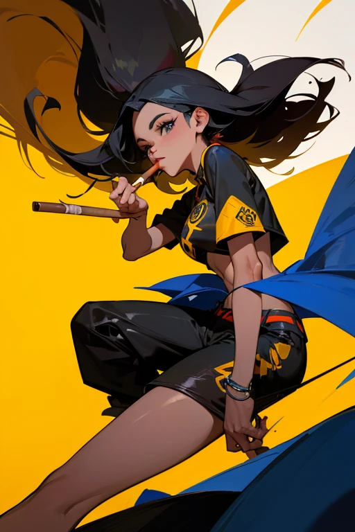jovem, mulher, cabelo preto, olhos escuros, pele branca, cigarro na boca, roupa amarela