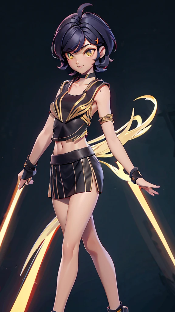 solo, 1girl, (masterpiece), ((16 year old appearance)), short hair, ahoje, mohalk hair, small breasts, yellow eyes, ((detailed eyes)), (athletic body), (simple black cropped), Black top with red details, Looking at the screen, orange lipstick, visible abs, small mini skirt, navel, (collarbone), (dark forest scenery)