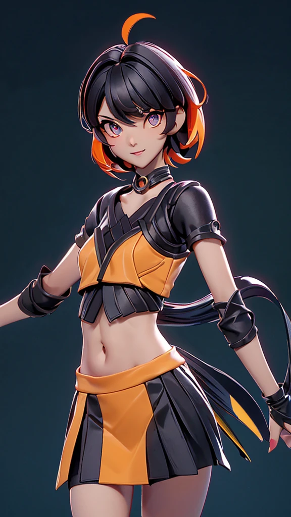 solo, 1girl, (masterpiece), ((16 year old appearance)), short hair, ahoje, mohalk hair, small breasts, yellow eyes, ((detailed eyes)), (athletic body), (simple black cropped), Black top with red details, Looking at the screen, orange lipstick, visible abs, small mini skirt, navel, (collarbone), (dark forest scenery)