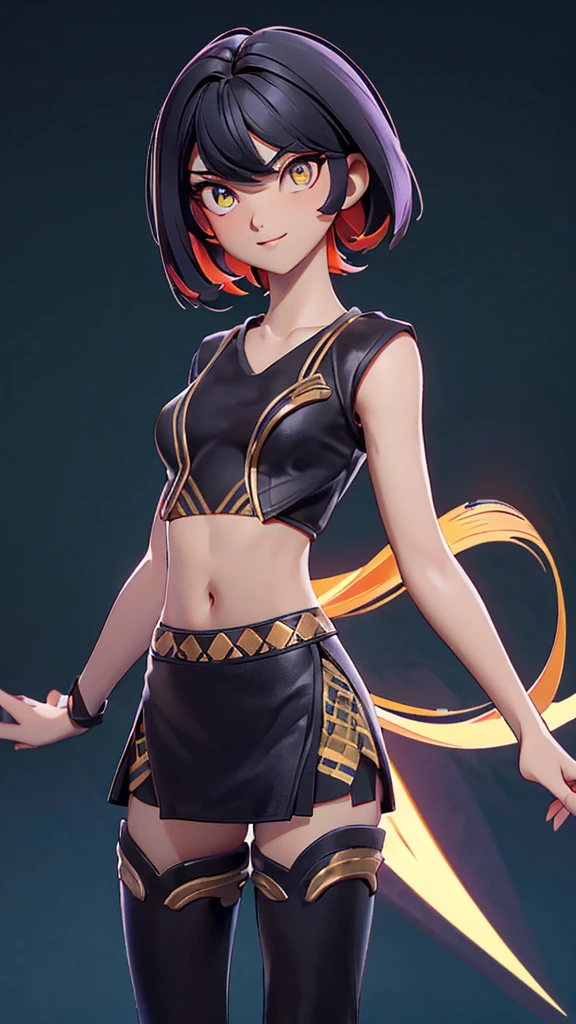 solo, 1girl, (masterpiece), ((16 year old appearance)), short hair, ahoje, mohalk hair, small breasts, yellow eyes, ((detailed eyes)), (athletic body), (simple black cropped), Black top with red details, Looking at the screen, orange lipstick, visible abs, small mini skirt, navel, (collarbone), (dark forest scenery)
