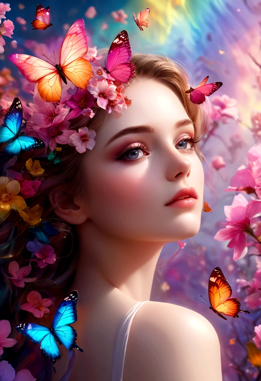 moon light,the arrival of spring, various beautiful flower
, Beautiful Rainbow-colored feathers swallowtail butterfly,angles looking up from below, various jewels falling from the sky, wonderful and beautiful superb view, slightly hazy, fantastic, high resolution, 8K, (best quality, highres, realistic:1.37), shiny metallic flowers, intricate and delicate petals, reflective surfaces, vibrant colors, intricate details, close-up view, surreal garden, surreal beauty, dreamy atmosphere, fine art, abstract botanicals, metallic sculpture, contrasting textures, ethereal glow