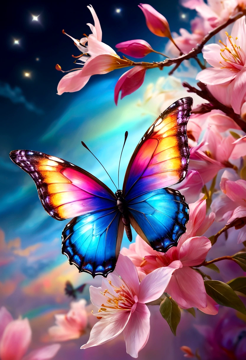 moon light,the arrival of spring, various beautiful flower
, Beautiful Rainbow-colored feathers swallowtail butterfly,angles looking up from below, various jewels falling from the sky, wonderful and beautiful superb view, slightly hazy, fantastic, high resolution, 8K, (best quality, highres, realistic:1.37), shiny metallic flowers, intricate and delicate petals, reflective surfaces, vibrant colors, intricate details, close-up view, surreal garden, surreal beauty, dreamy atmosphere, fine art, abstract botanicals, metallic sculpture, contrasting textures, ethereal glow