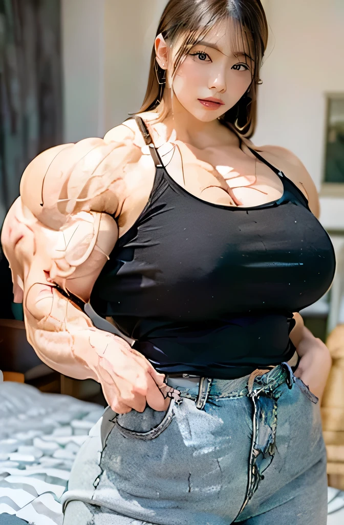 (Raw photo, Best Quality), (Realistic, Photorealsitic:1.3), masterpiece, Extremely delicate and beautiful, Soft light, (shinny black hair, straight hair, long hair, bang), Beautiful detailed girls, (Precise fingers, Eyes and faces with detailed, beautiful detailed nose, Beautiful detailed eyes, 1 girl, Japanese, Neat and clean beauty, Cute, tall, young, voluptuous bust, slim waist, Realistic face, (bedroom), hyper muscle, hypermuscle, chubby, curvy, bulky, full body, muscular, -Muscular Female-, -Variety-, -BODYBUILDER-, -HYPERMUSCLE-, t-shirt, from below