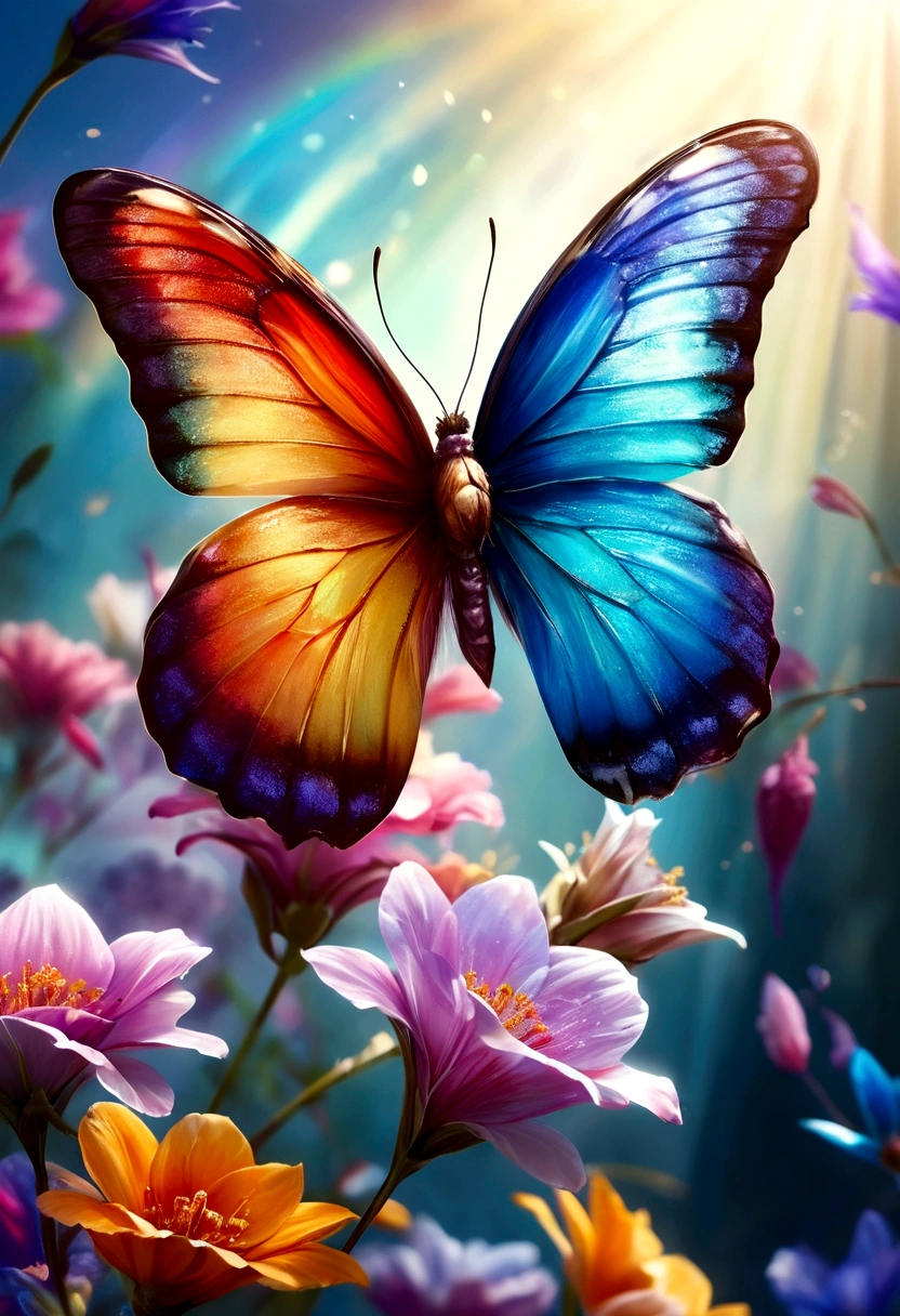moon light,the arrival of spring, various beautiful flower
, Beautiful Rainbow-colored feathers swallowtail butterfly,angles looking up from below, various jewels falling from the sky, wonderful and beautiful superb view, slightly hazy, fantastic, high resolution, 8K, (best quality, highres, realistic:1.37), shiny metallic flowers, intricate and delicate petals, reflective surfaces, vibrant colors, intricate details, close-up view, surreal garden, surreal beauty, dreamy atmosphere, fine art, abstract botanicals, metallic sculpture, contrasting textures, ethereal glow