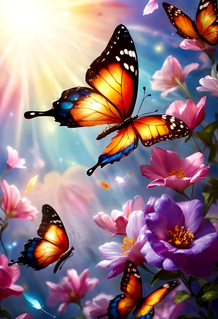 moon light,the arrival of spring, various beautiful flower
, Beautiful Rainbow-colored feathers swallowtail butterfly,angles looking up from below, various jewels falling from the sky, wonderful and beautiful superb view, slightly hazy, fantastic, high resolution, 8K, (best quality, highres, realistic:1.37), shiny metallic flowers, intricate and delicate petals, reflective surfaces, vibrant colors, intricate details, close-up view, surreal garden, surreal beauty, dreamy atmosphere, fine art, abstract botanicals, metallic sculpture, contrasting textures, ethereal glow