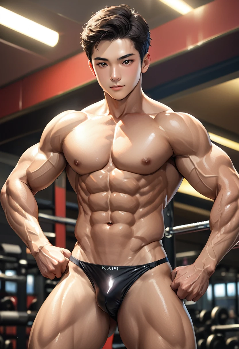 (best quality), Realistic, flexing, 14 year old Japanese idol body builder boy,  (abs:1.4), black short hair, shiny skin, (detailed brown eyes:1.1), (smile:0.8), (black tiny thong), bulge, puffy nipples, detailed areola,　