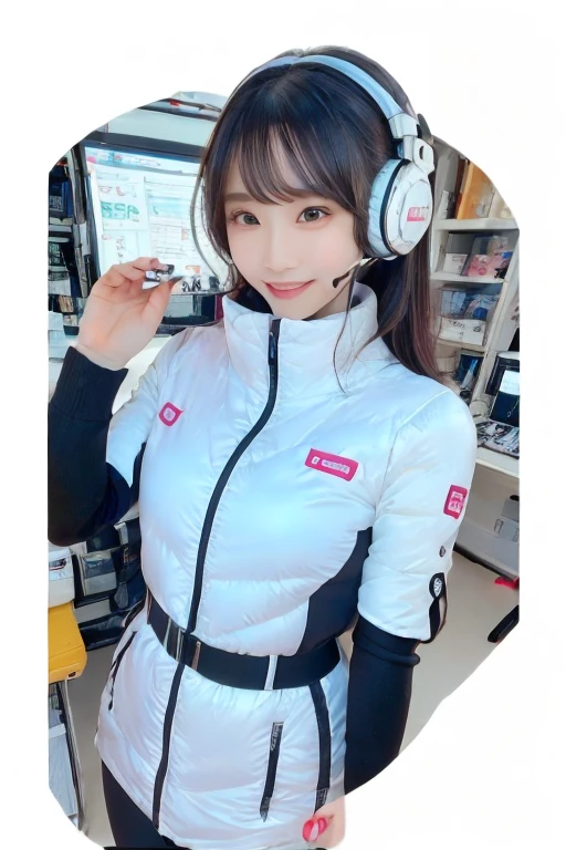 masterpiece, Highest quality, Very detailed, 8K Portrait,Japanese Android Girl,plump , Control panel,Robotic arms and legs, Blunt bangs,,break (Metallic Gray, Metallic luster, Mirror finish, Astro Best):5,headphone:5,break (Black sleeves):100,Smart Watches,Futuristic space station,Control Room,break headphone,blue eyes,(Black Hair):2,(Long Hair):1.3,Displaying the viewer,(respirator),break blush:3,Hidden Hand,smile