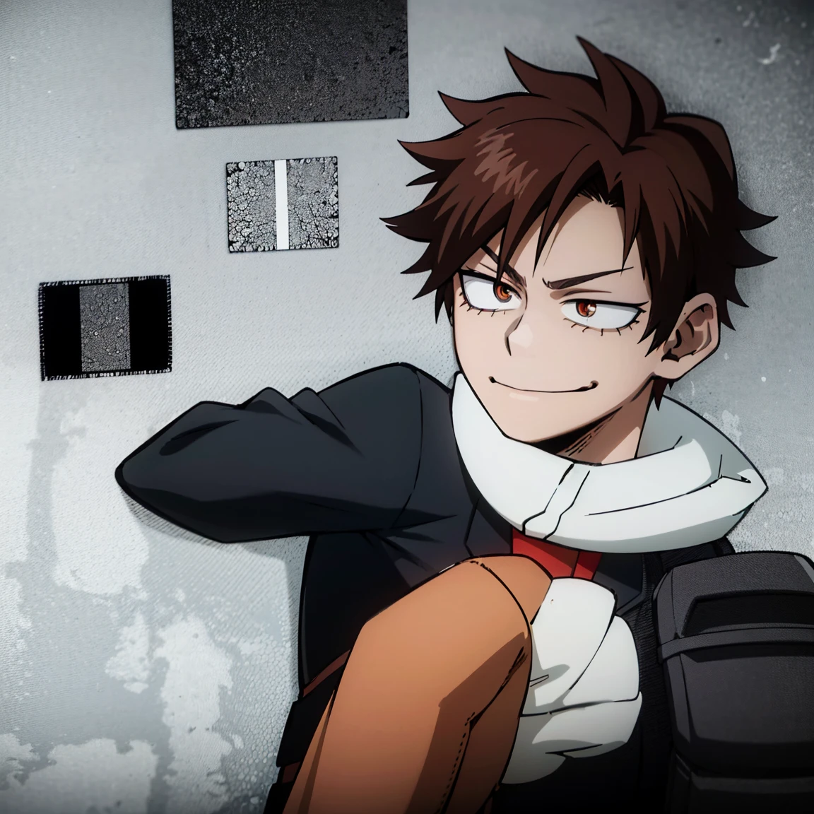 1boy, male focus, boku no hero academia, masterpiece, best quality, very aesthetic, absurdres, short spiky hair, short low ponytail hair, deep orange hair, scarlet eyes, smirk, gray jacket, red tie, white shirt, teal pants, boots