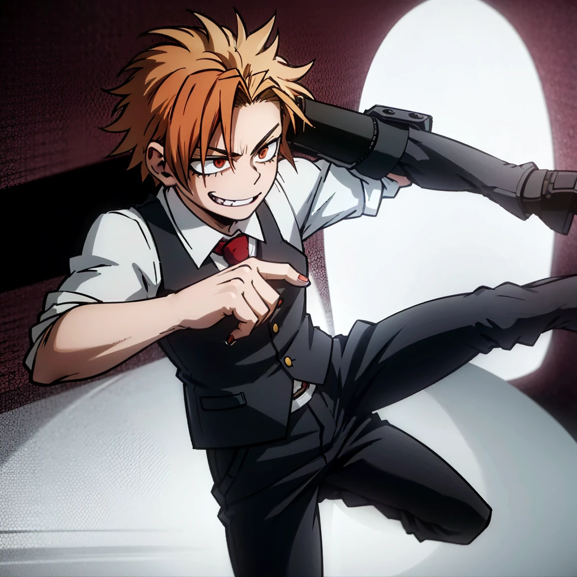 1boy, male focus, boku no hero academia, masterpiece, best quality, very aesthetic, absurdres, short spiky hair, short low ponytail hair, deep orange hair, scarlet eyes, smirk, gray jacket, red tie, white shirt, teal pants, boots