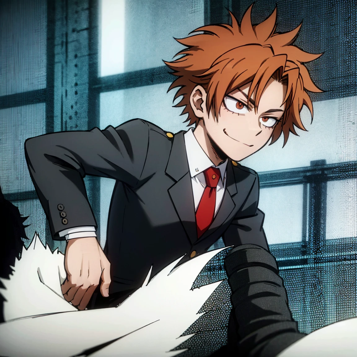 1boy, male focus, boku no hero academia, masterpiece, best quality, very aesthetic, absurdres, short spiky hair, short low ponytail hair, deep orange hair, scarlet eyes, smirk, gray jacket, red tie, white shirt, teal pants, boots