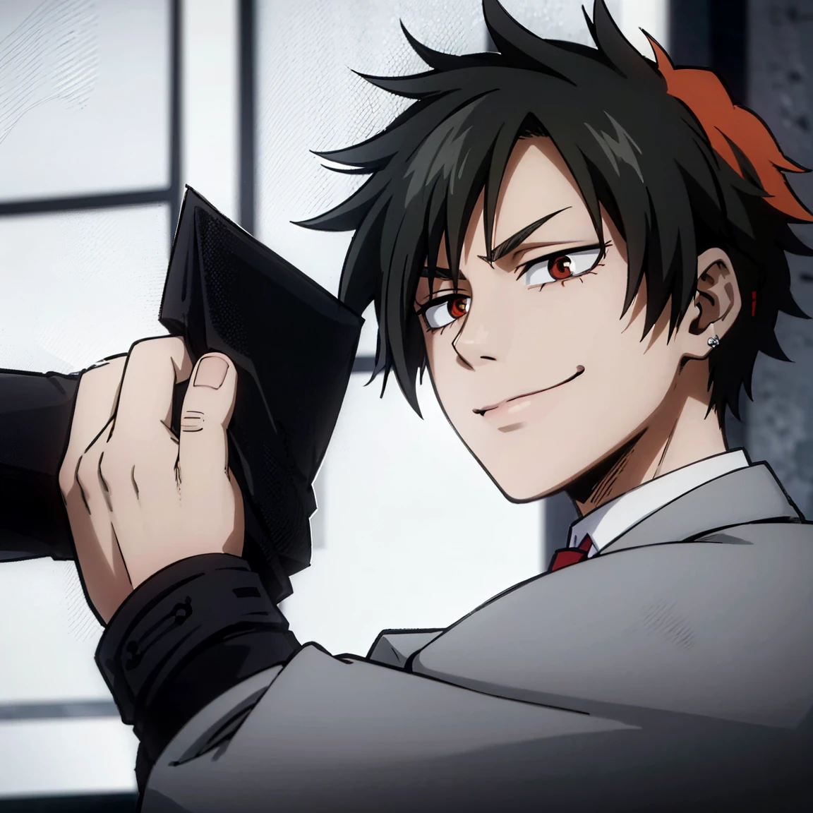 1boy, male focus, boku no hero academia, masterpiece, best quality, very aesthetic, absurdres, short spiky hair, short low ponytail hair, deep orange hair, scarlet eyes, smirk, gray jacket, red tie, white shirt, teal pants, boots 