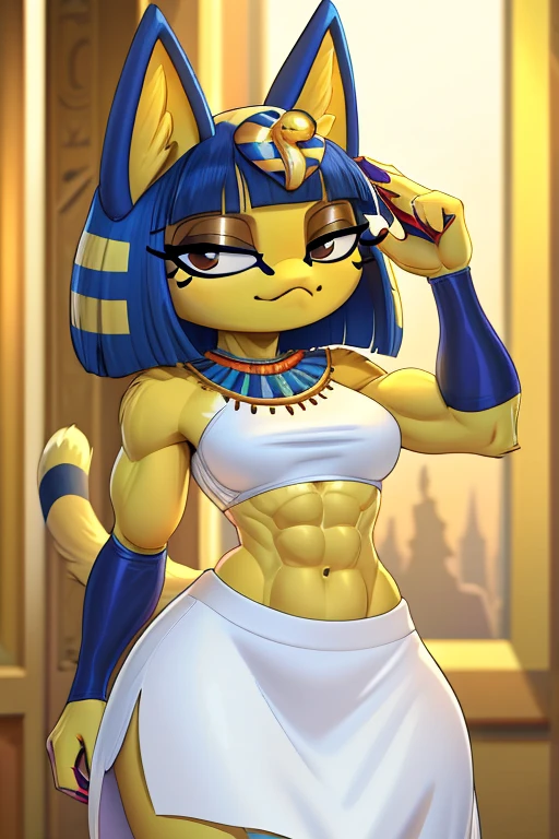 ((best quality)), ((masterpiece)), (detailed), perfect face, a digital artwork of a sexy Ankha with abs wearing a crop top of her white sleeveless dress outfit with white long skirt, a bare midriff and a bare navel, Egyptian setting, smug face, furry style, furry, anthro style
