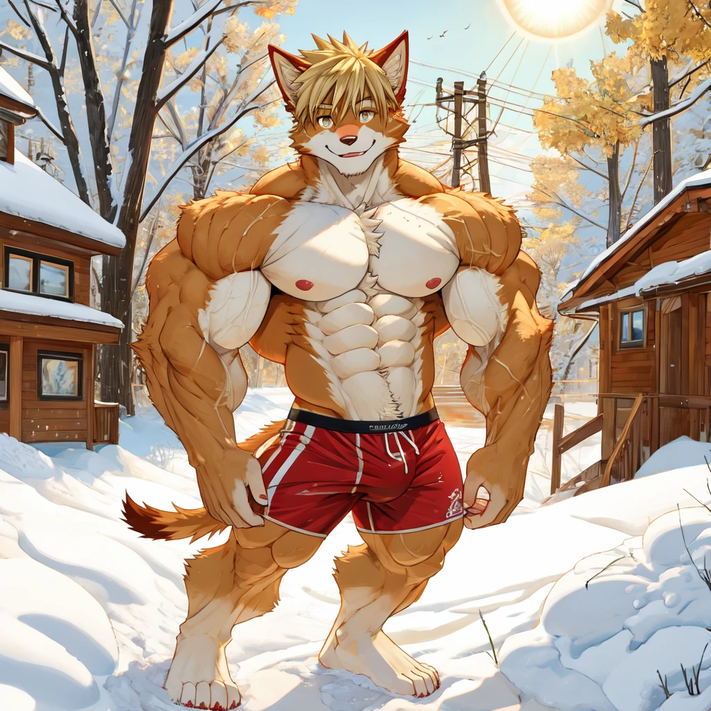 (masterpiece, Best quality:1.2), CatBoy, , winter, body covered in red fur, Furry style, sexuany, veryular wild ,full height,very short blond hair,freckles on the body and face,amber eyes,defined muscles,sharp focus, friendly, in speedos