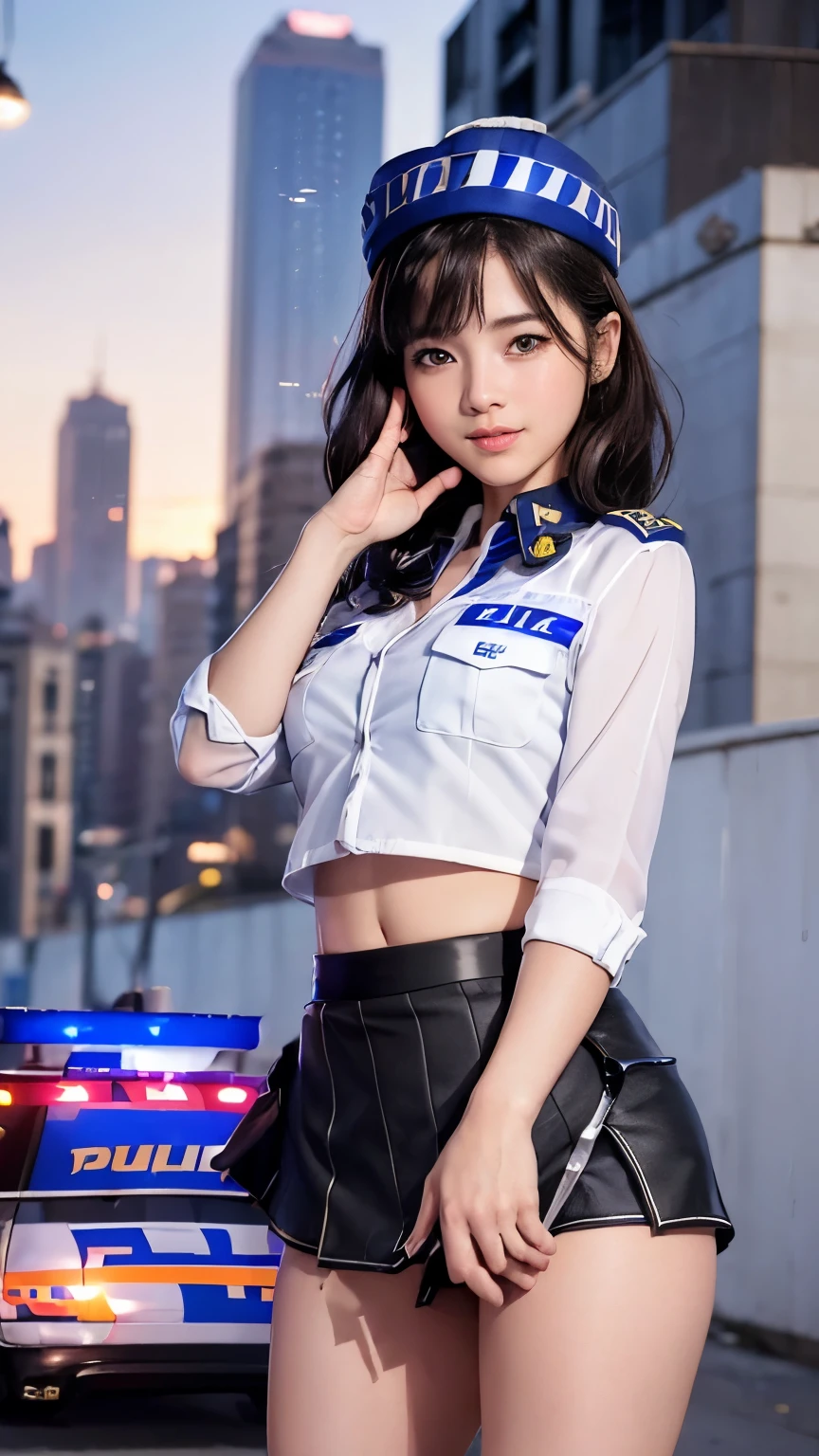 (8k, RAW Photos, Highest quality, masterpiece: 1.2), (Very detailed), (Super Resolution), (Genuine, Genuine photos: 1.37)、(Portraiture), (High-quality RAW color photos)、 (Professional photos).( Very detailed and beautiful new),(Very detailed), (8k wallpaper),(Amazing details),(Large file size),(Official Art,),(Very detailed),(8k wallpaper), (Very detailed beautiful girls),(Very detailed facesHighly detailed eyes),(Very fine skin),(Very detailed fingers,),(Very small nose),(Very detailed detailed mouth),(Perfect Anatomy),(Detailed Background),(High Quality Clothing),(23 years old),(cute girl), (Genuineistic body),(White skin),(Glowing Skin), (Blunt bangs: 1.2), (smile),(cute),(cute face),(Genuineistic face), (delicateな目),(Saggy eyes), (Super mini skirt police uniform 1:2)、Looking into the camera, Dynamic Lighting, G-cup breasts,Big Breasts、(New York cityscape background)、(Dynamic Stylish Pose 1.2)、(With cleavage 1.2)、(thin legs 1.2)、(delicate, Plump and moisturized lips)、(Police Officer Theme)、(Wearing a police officer's hat 1:2)