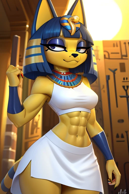 ((best quality)), ((masterpiece)), (detailed), perfect face, a digital artwork of a  sexy Ankha with abs wearing a crop top of her white  sleeveless  dress outfit with white long skirt, a bare midriff and a bare navel, Egyptian setting, smug face, furry style, furry, anthro style 