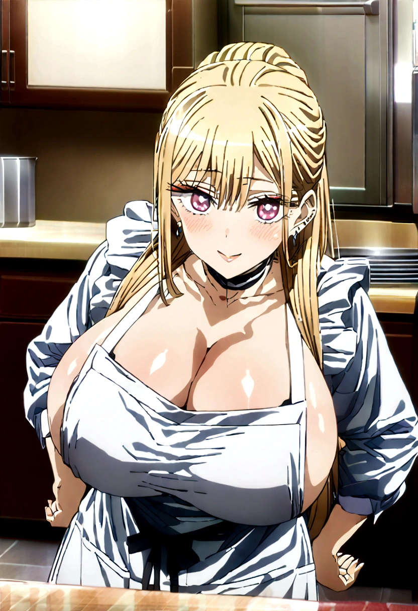 (masterpiece:1.2),(Shiny skin:1.4), Full Body, anime, (anime style:1.5), Detailed cloth texture, Detailed hair texture, One girl, 18 year old girl, sexy pose, kitchen background, Long eyelashes, Lips parted, shining pink lips, Heart shaped pupils, seducive smile (The body is slim:1.1), (Beautiful blonde long hair:1.2), (Huge breasts:1.6), Floating Hair, (bangs), (white apron only), (Cleavage), ( Earrings), Blushing, long ponytail,close to male viewer