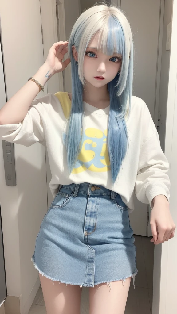 masterpiece, best quality, highly detailed,1girl,indoors, adult, split-color hair, yellow and Blue hair, Narrow, sharp eyes、, clothes, blue eyes、From head to toe、mini skirt、
