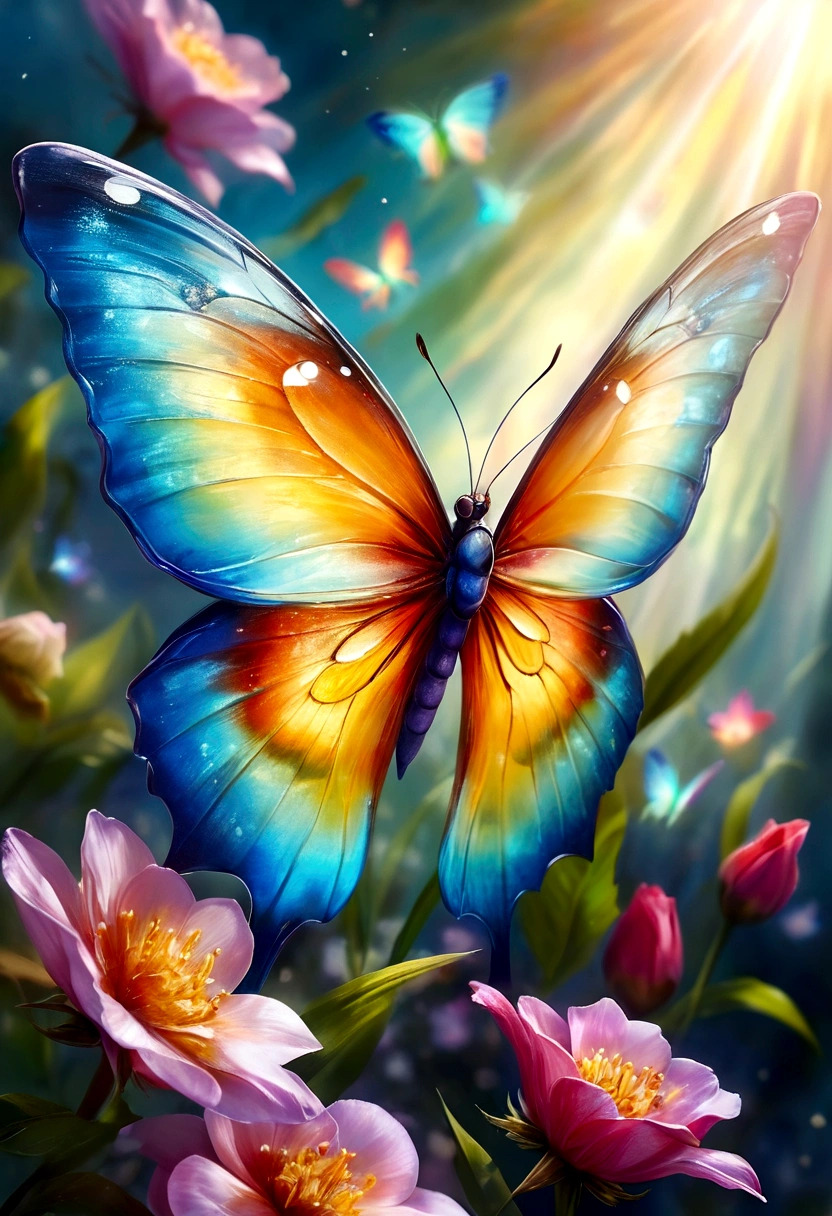 moon light,the arrival of spring, various beautiful flower
, Beautiful Rainbow-colored feathers swallowtail butterfly,angles looking up from below, various jewels falling from the sky, wonderful and beautiful superb view, slightly hazy, fantastic, high resolution, 8K, (best quality, highres, realistic:1.37), shiny metallic flowers, intricate and delicate petals, reflective surfaces, vibrant colors, intricate details, close-up view, surreal garden, surreal beauty, dreamy atmosphere, fine art, abstract botanicals, metallic sculpture, contrasting textures, ethereal glow