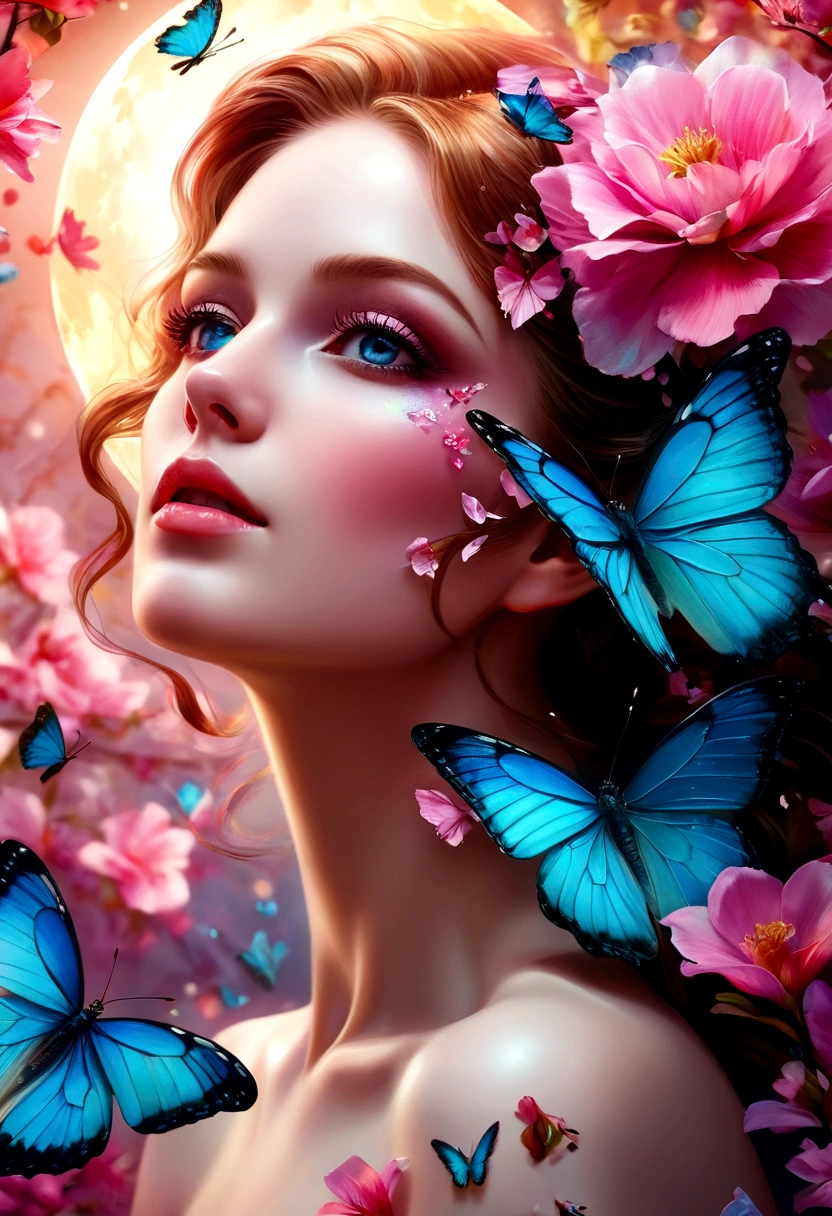 moon light,the arrival of spring, various beautiful flower
, Beautiful Rainbow-colored feathers swallowtail butterfly,angles looking up from below, various jewels falling from the sky, wonderful and beautiful superb view, slightly hazy, fantastic, high resolution, 8K, (best quality, highres, realistic:1.37), shiny metallic flowers, intricate and delicate petals, reflective surfaces, vibrant colors, intricate details, close-up view, surreal garden, surreal beauty, dreamy atmosphere, fine art, abstract botanicals, metallic sculpture, contrasting textures, ethereal glow