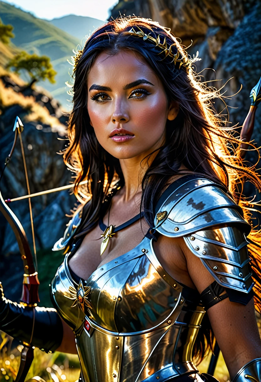 A stunning portrait of the sultry busty Archer Temptress Warrior on a quest to find the Golden Mystical Bow, Glimmering, Harmonious, masterpiece, walking through the valley of death, Shadow play, light, moody, mysterious, glossy hair,vivid, Abstract Neoralism, cinematic, Film light, Hyper detailed, Hyper realistic, masterpiece, atmospheric, High resolution, Vibrant, High contrast, dark angle, 8k, HDR, 500px, FUJIFILM, bokeh, hdr, award winning lighting,