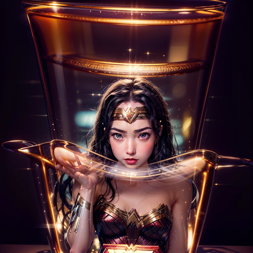 High-level, 8K Masterpiece TopQuality, Ultra-detailed CG, Absurd detailed wallpaper, PerfectLighting, Extremely detailed (((Personifying " Sexy Wonder Woman " as a KAWAII Girl))), Characteristic Items, aesthetic LifeLike Rendering, MysticSight,
Haze Tyndall Scattering, (Studio GRAY Background with (Oodles Dazzling RainbowColorParticles (BokeH))), (((Assfocus)) RoundlyButts ThighGap), (Exposed:0.9) NSFW 🔞 BREAK (Acutance:0.8), (NOGIZAKA FaceVariations) Extremely Detailed very KAWAII FaceVariations, Childish CaptivatingGaze ElaboratePupils Detailed Eyes with (SparklingHighlights:1.28), (Voluminous LongEyelashes:0.88)、Glossy RedLips with beautiful details, CoquettishTongue, RosyCheeks, Radiant PearlSkin with Transparency, Glowing DowneyHair . { (Dynamic LifeLike expressions:1.4) | (:d) }, (large eyes:-1) .((lying forward in container, Square glass Container))
