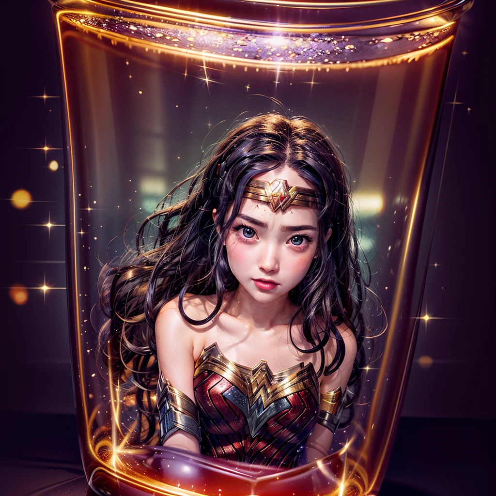 High-level, 8K Masterpiece TopQuality, Ultra-detailed CG, Absurd detailed wallpaper, PerfectLighting, Extremely detailed (((Personifying " Sexy Wonder Woman " as a KAWAII Girl))), Characteristic Items, aesthetic LifeLike Rendering, MysticSight,
Haze Tyndall Scattering, (Studio GRAY Background with (Oodles Dazzling RainbowColorParticles (BokeH))), (((Assfocus)) RoundlyButts ThighGap), (Exposed:0.9) NSFW 🔞 BREAK (Acutance:0.8), (NOGIZAKA FaceVariations) Extremely Detailed very KAWAII FaceVariations, Childish CaptivatingGaze ElaboratePupils Detailed Eyes with (SparklingHighlights:1.28), (Voluminous LongEyelashes:0.88)、Glossy RedLips with beautiful details, CoquettishTongue, RosyCheeks, Radiant PearlSkin with Transparency, Glowing DowneyHair . { (Dynamic LifeLike expressions:1.4) | (:d) }, (large eyes:-1) .((lying forward in container, Square glass Container))