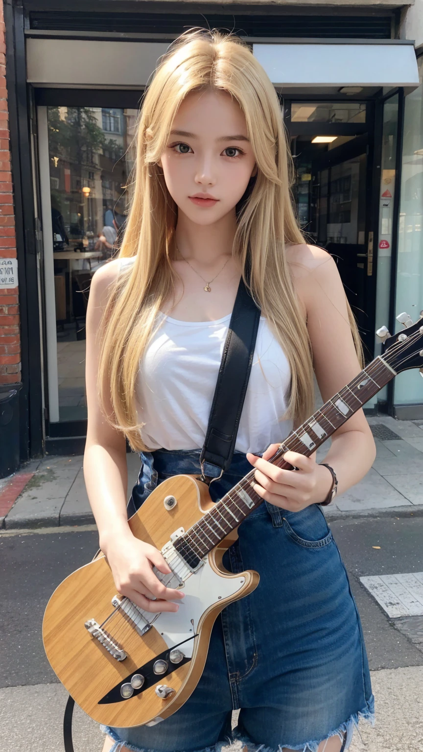 "Create a high-resolution image of a teenage British girl with long blonde hair, holding a guitar in a city street."
