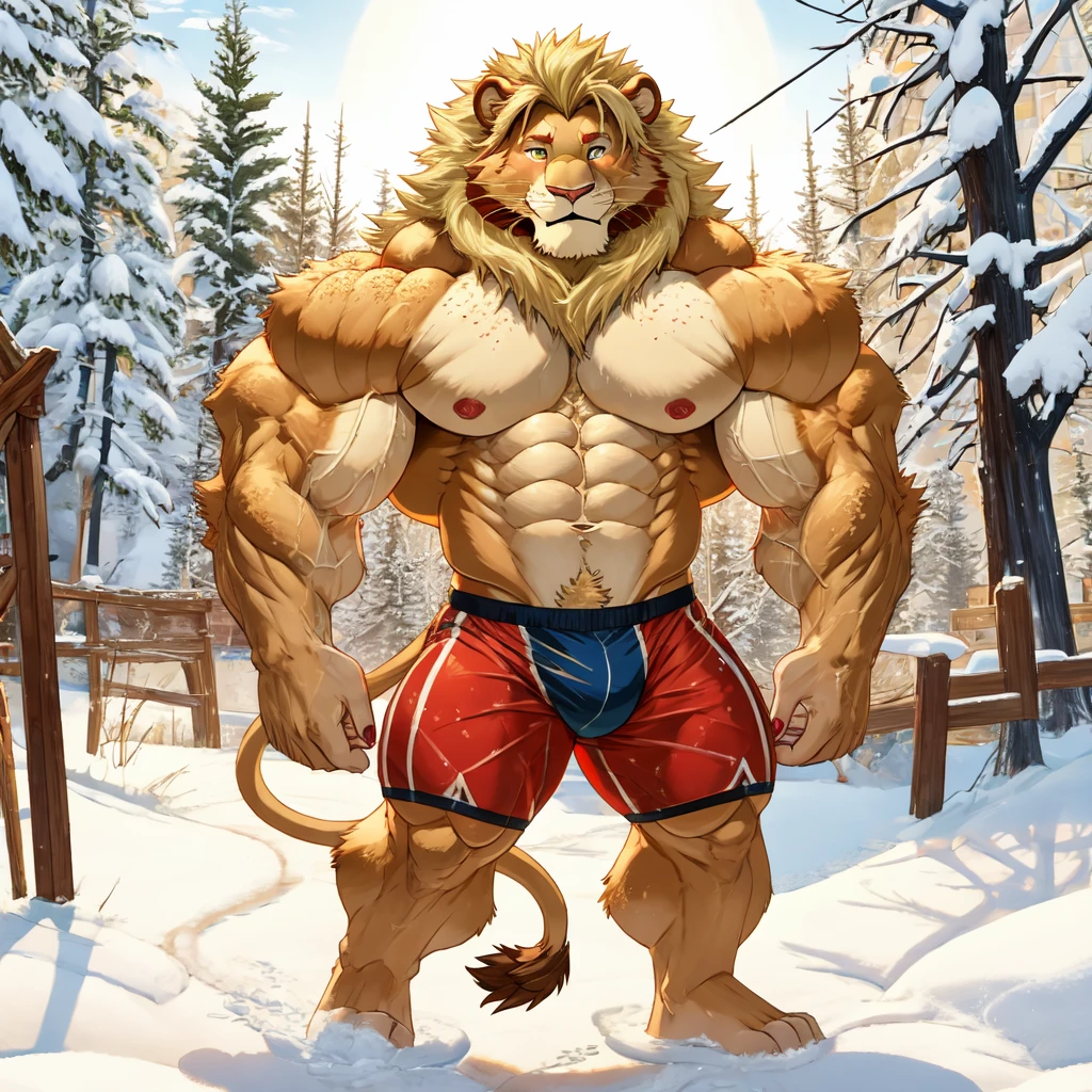(masterpiece, Best quality:1.2), Lion Boy, Naked, winter, body covered in red fur, Furry style, sexual, horny, very muscular wild ,full height,very short blond hair,freckles on the body and face,amber eyes,defined muscles,sharp focus, friendly, in speedos
