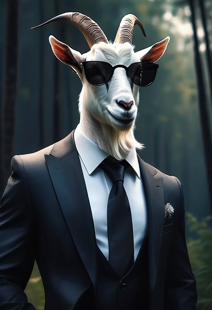 a goat in a black suit, wearing sunglasses,gentleman goat,furry art,oc character,drawing style,looking at landscape,forest background,high quality,detailed,cinematic lighting,cold color tones, professional artwork, masterpiece