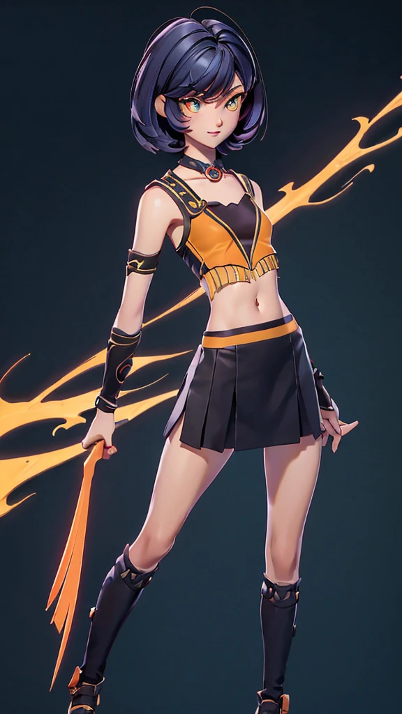 solo, 1girl, (masterpiece), ((16 year old appearance)), short hair, ahoje, mohalk hair, small breasts, yellow eyes, ((detailed eyes)), (athletic body), (simple black cropped), Black top with red details, Looking at the screen, orange lipstick, visible abs, small mini skirt, navel, (collarbone), (dark forest scenery background)