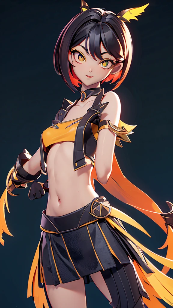 solo, 1girl, (masterpiece), ((16 year old appearance)), short hair, ahoje, mohalk hair, small breasts, yellow eyes, ((detailed eyes)), (athletic body), (simple black cropped), Black top with red details, Looking at the screen, orange lipstick, visible abs, small mini skirt, navel, (collarbone), (dark forest scenery background)
