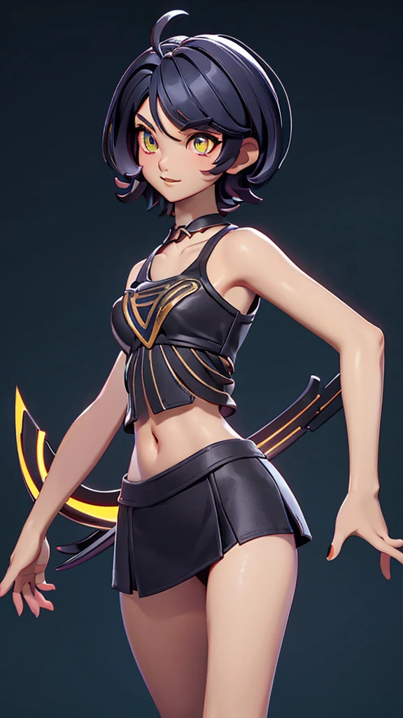 solo, 1girl, (masterpiece), (( appearance)), short hair, ahoje, mohalk hair, small breasts, yees, ((detailed eyes)), (athletic body), (simple black cropped), Black top with red details, Looking at the screen, orange lipstick, visible abs, small mini skirt, navel, (collarbone), (dark forest scenery background)