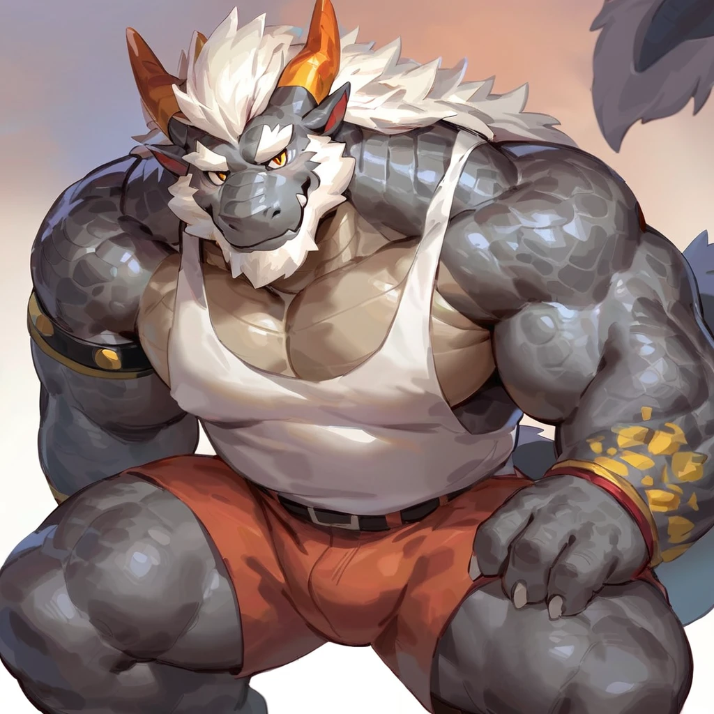 (artist: noku13456, jacketbear,lindong, null-ghost, dangpa, gamma_g, kulplant),male, sfw, eastern dragon, , bara, big chest, simple bg, one fluffy tail, old man, fluffy mane, , grey body, white hair, solo, scales, detailed scales, tank top, jeans shorts, dragon horns, yellow iris, big eyes, white beard, fluffy hair, detailed face:2.0, one tail, masterpiece:2.0, perfect eyes:2.0, good anatomy:2.0, full body:2.0, profile shot
